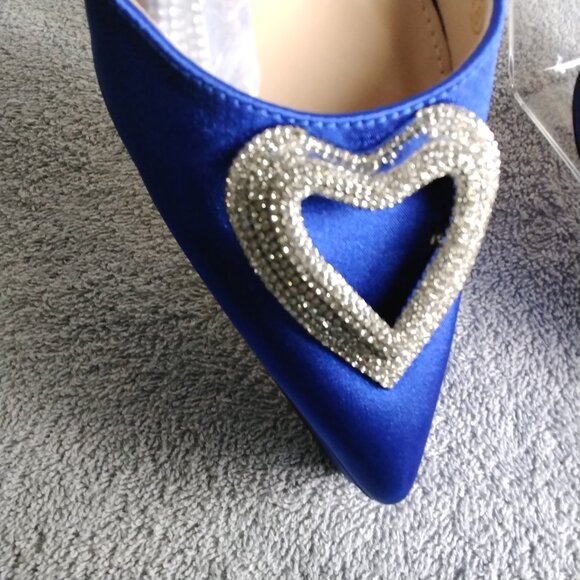 💎 Coutgo Royal Blue Rhinestone Heart Heels Size 9 Ankle Strap Dress Pumps point - Picture 4 of 13